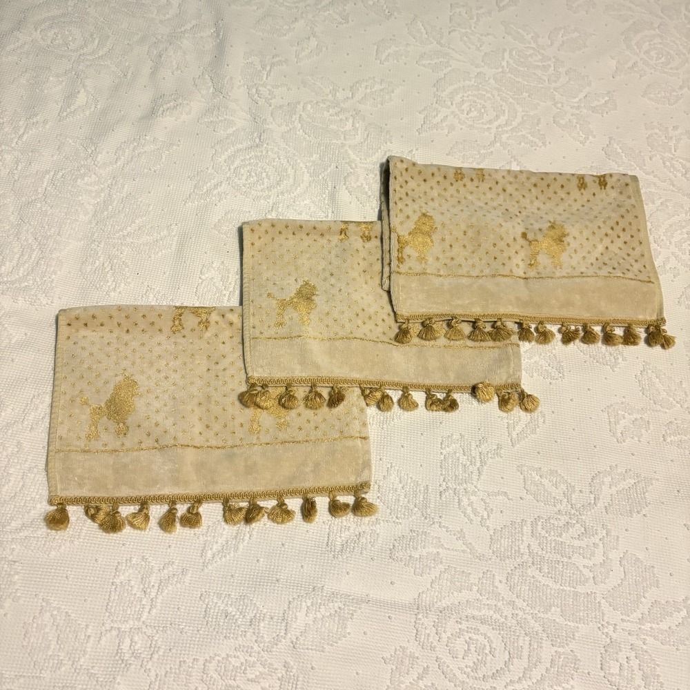 Poodle Hand Towels Gold Cream All Over Print Fancy VTG 3 Fringed